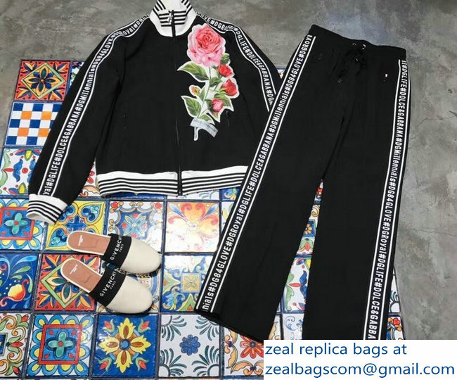 Dolce & Gabbana Logo Trim Floral Black Jacket And Pants Suit 2018 - Click Image to Close